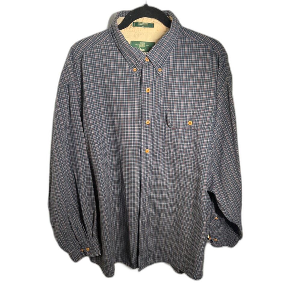 Orvis Men’s XL 100% Cotton Plaid Button Down Shirt Blue Red